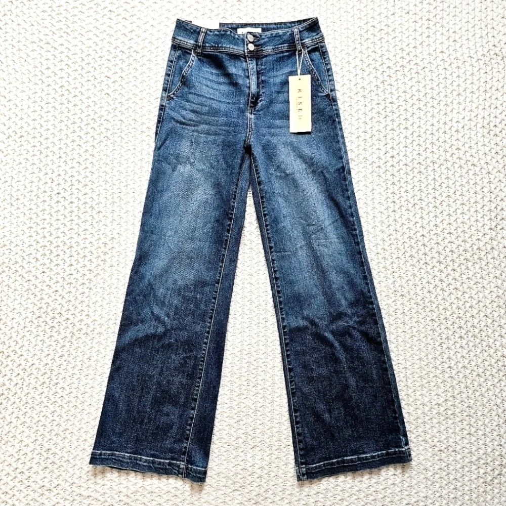 RISEN HR Dark Wash Wide Leg Jeans Double Button Trouser Style Denim 9/29 NEW